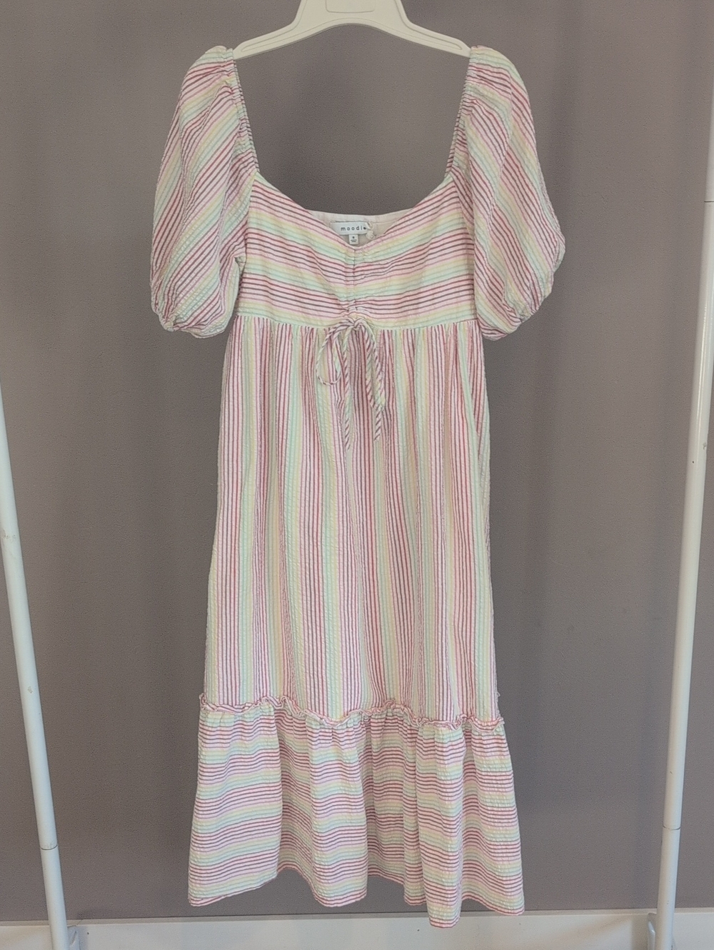 Moodie Striped Seersucker Puff Sleeve Maxi Length Dress